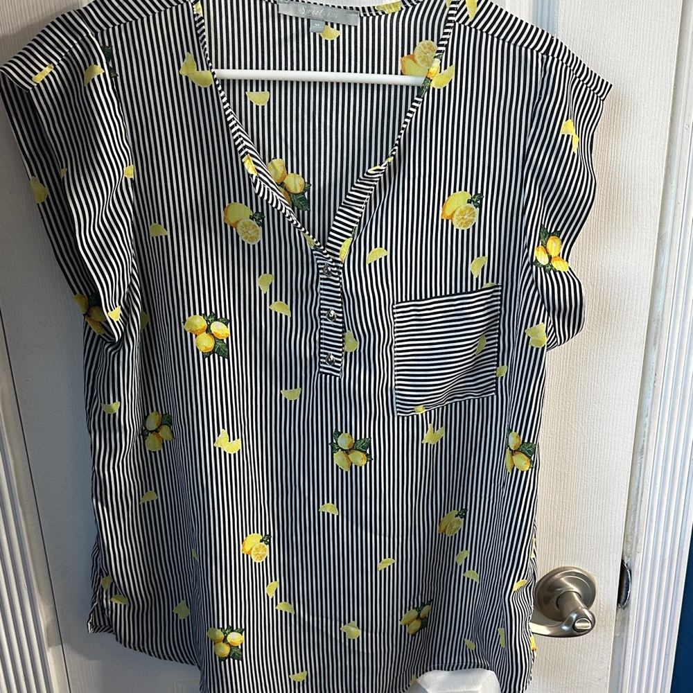 Sweet Rain Black and White Striped Top with Lemon Print